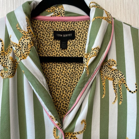 Room Service Leopard Pajama Top | Green & White Striped | Size S - Picture 3 of 5